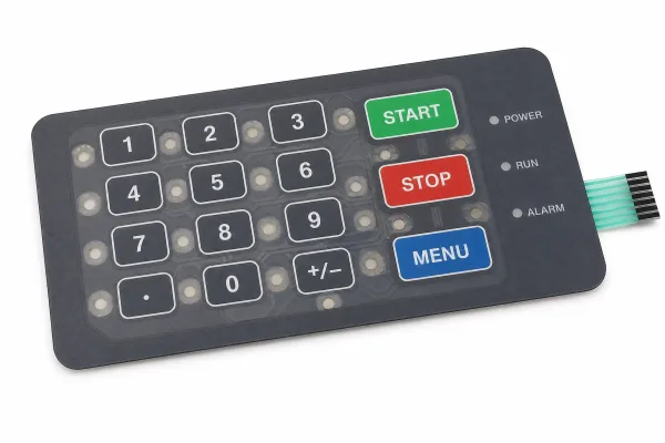Numeric industrial membrane keypad with START/STOP control keys and status LEDs
