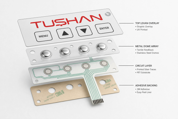 Exploded view of a custom Lexan membrane keypad showing the graphic overlay, metal dome array, PET circuit layer, and 3M adhesive backing for industrial HMI applications.
