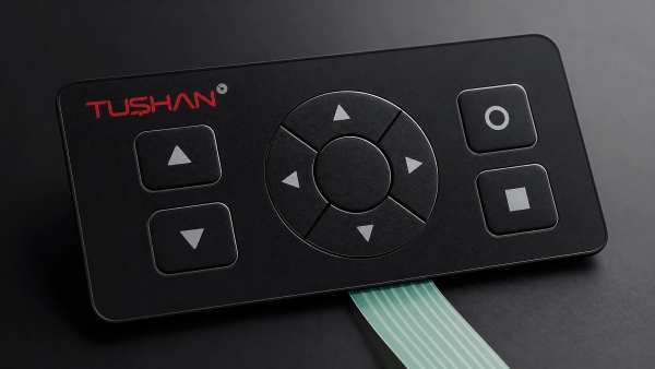 High-quality Lexan membrane keypad assembly featuring tactile metal dome switches, transparent support layers, and printed circuit traces.