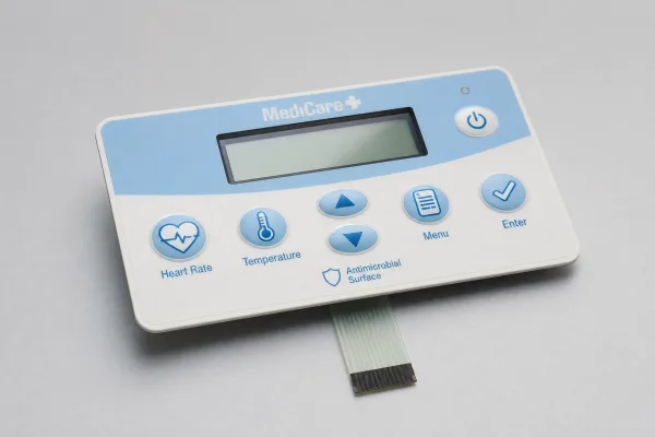 Medical device membrane front panel with LCD window and embossed tactile keys